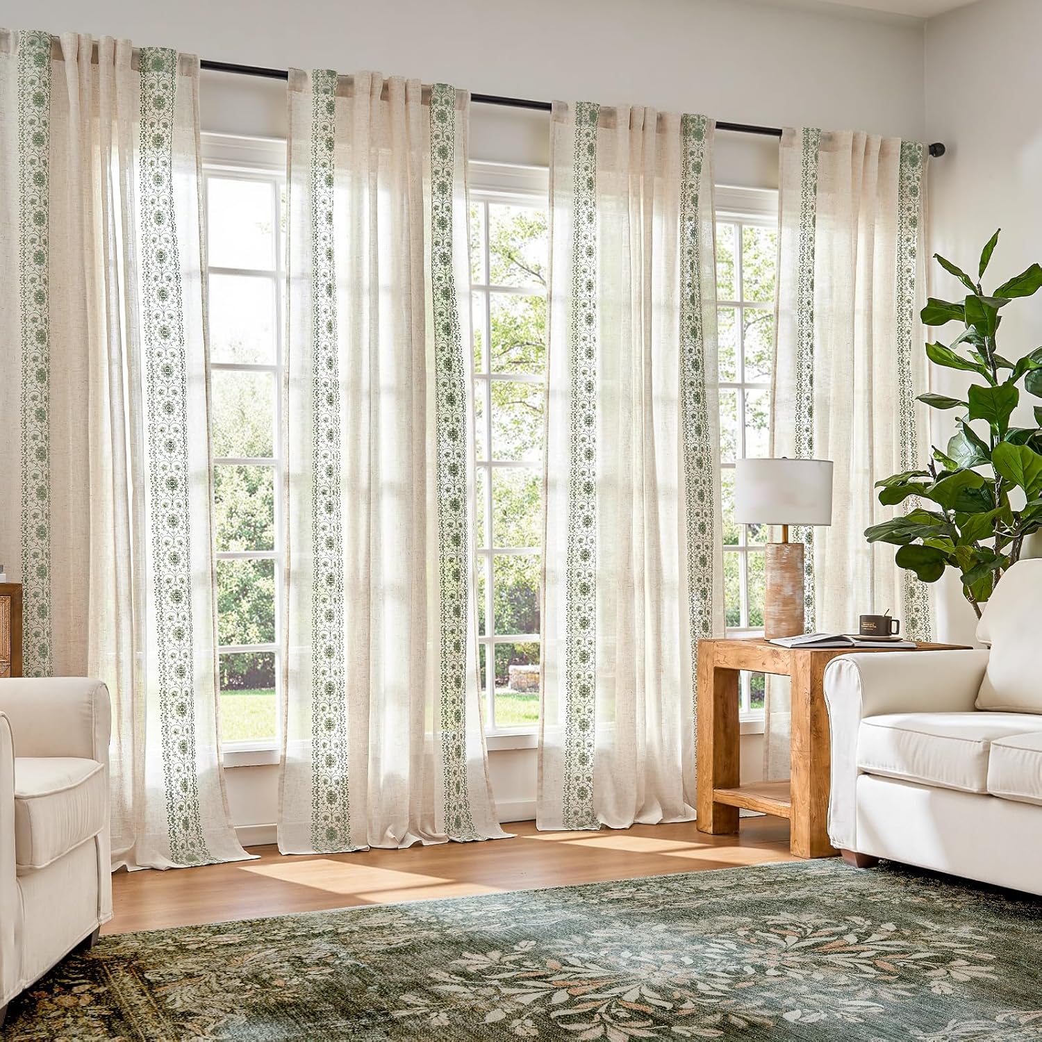 Weslie Boho Curtains 4 Panel Set in Sage Green Floral Design