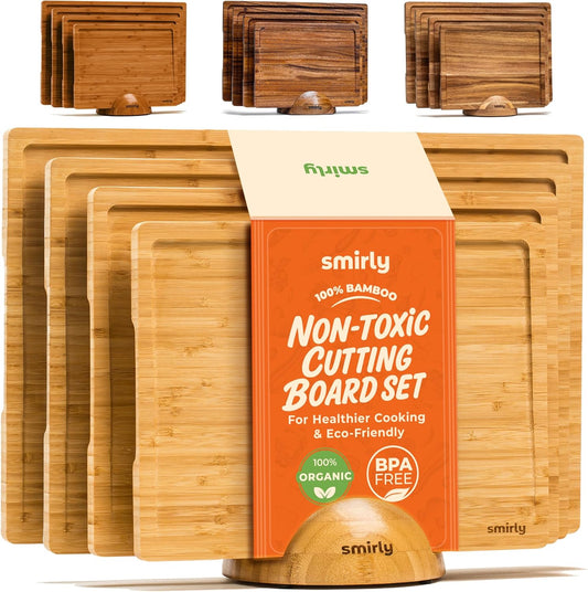 Bamboo Wooden Cutting Boards Set of 4 with Holder for Kitchen