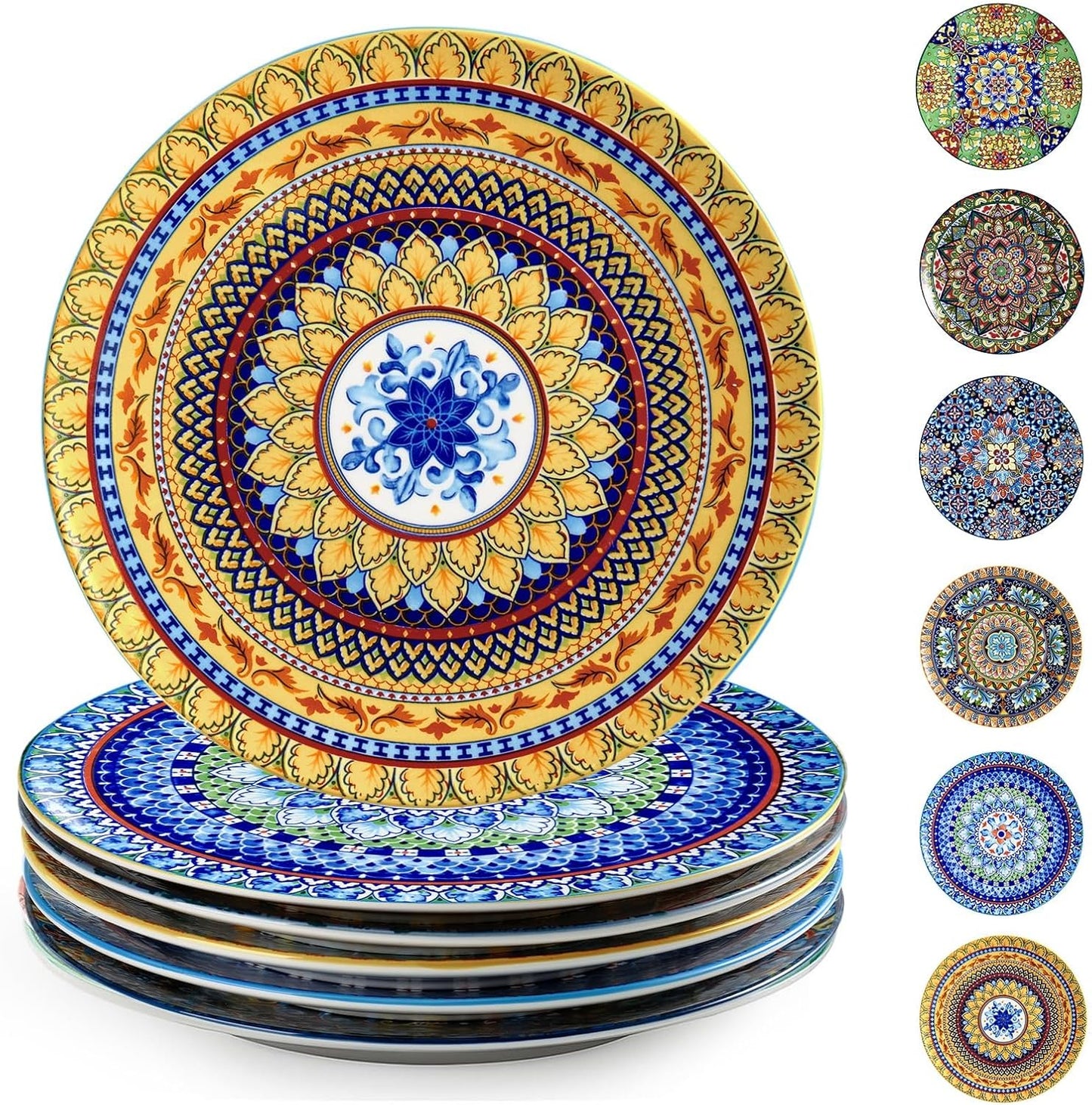 Colorful Bohemian Dinner Plates Set of 6, 10.5 Inch Ceramic