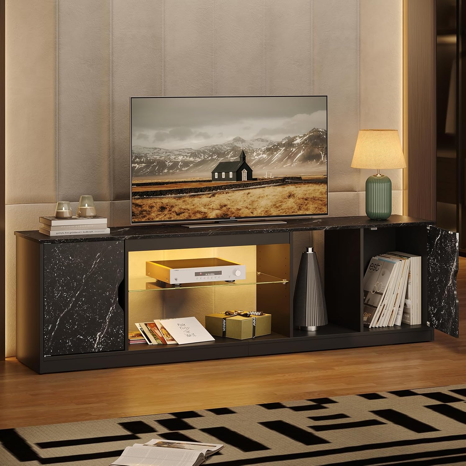 Modern Black Marble TV Stand, 70 Entertainment Center