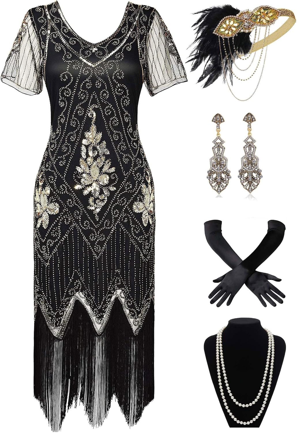 1920s Art Deco Fringed Sequin Dress Set for Flapper Style