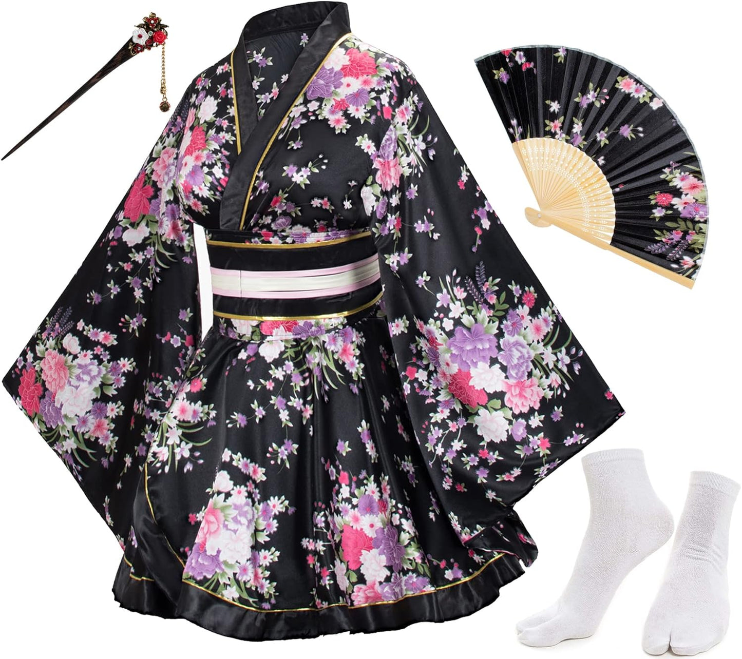 Japanese Anime Women's Dance Kimono Robe Set with Accessories