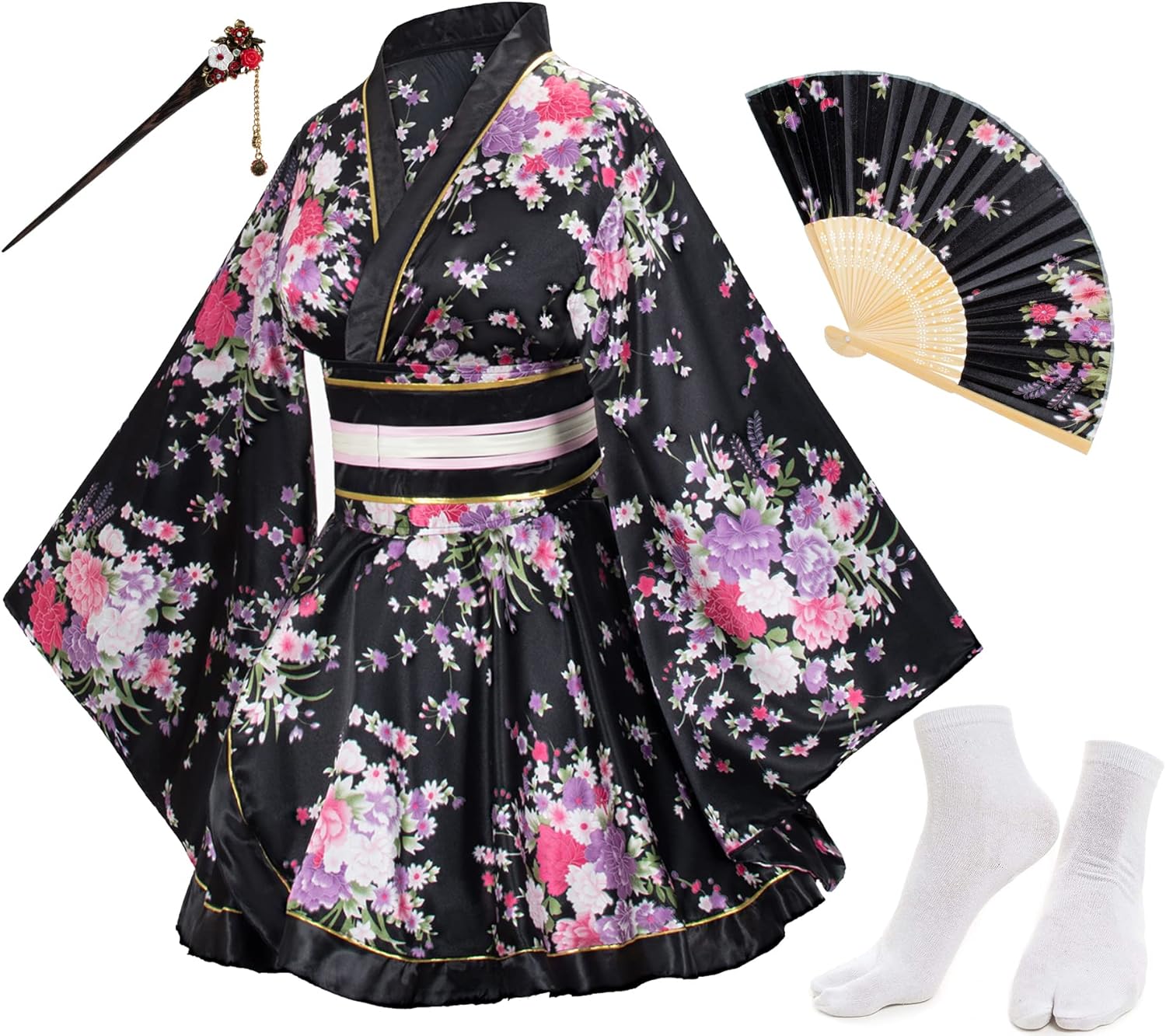 Japanese Anime Women's Dance Kimono Robe Set with Accessories