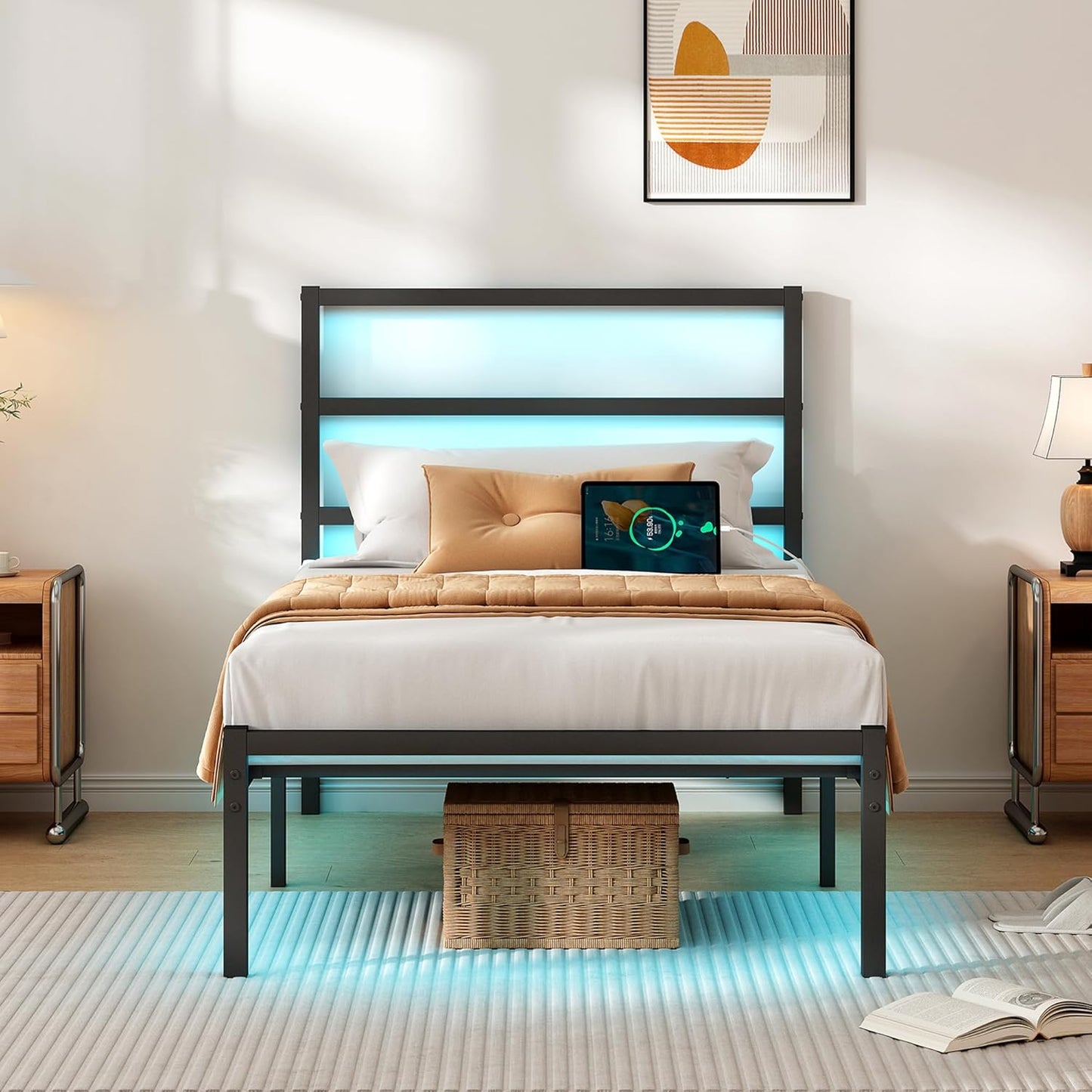 Twin Bed Frame with Headboard and USB Charging Station for Comfort