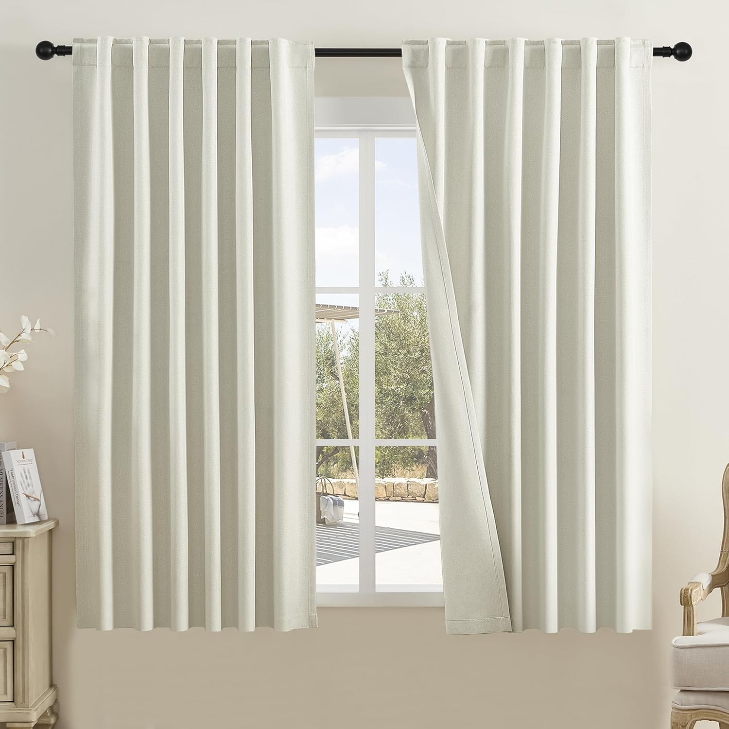 DUALIFE Faux Linen Curtains 63 Inch Length for Room Darkening