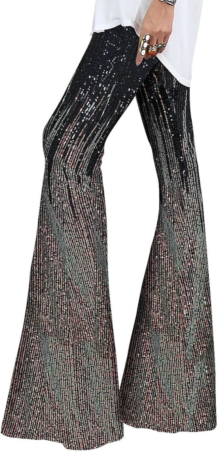 EVALESS Women Sequin Pants Sparkly Glitter High Waisted Trousers