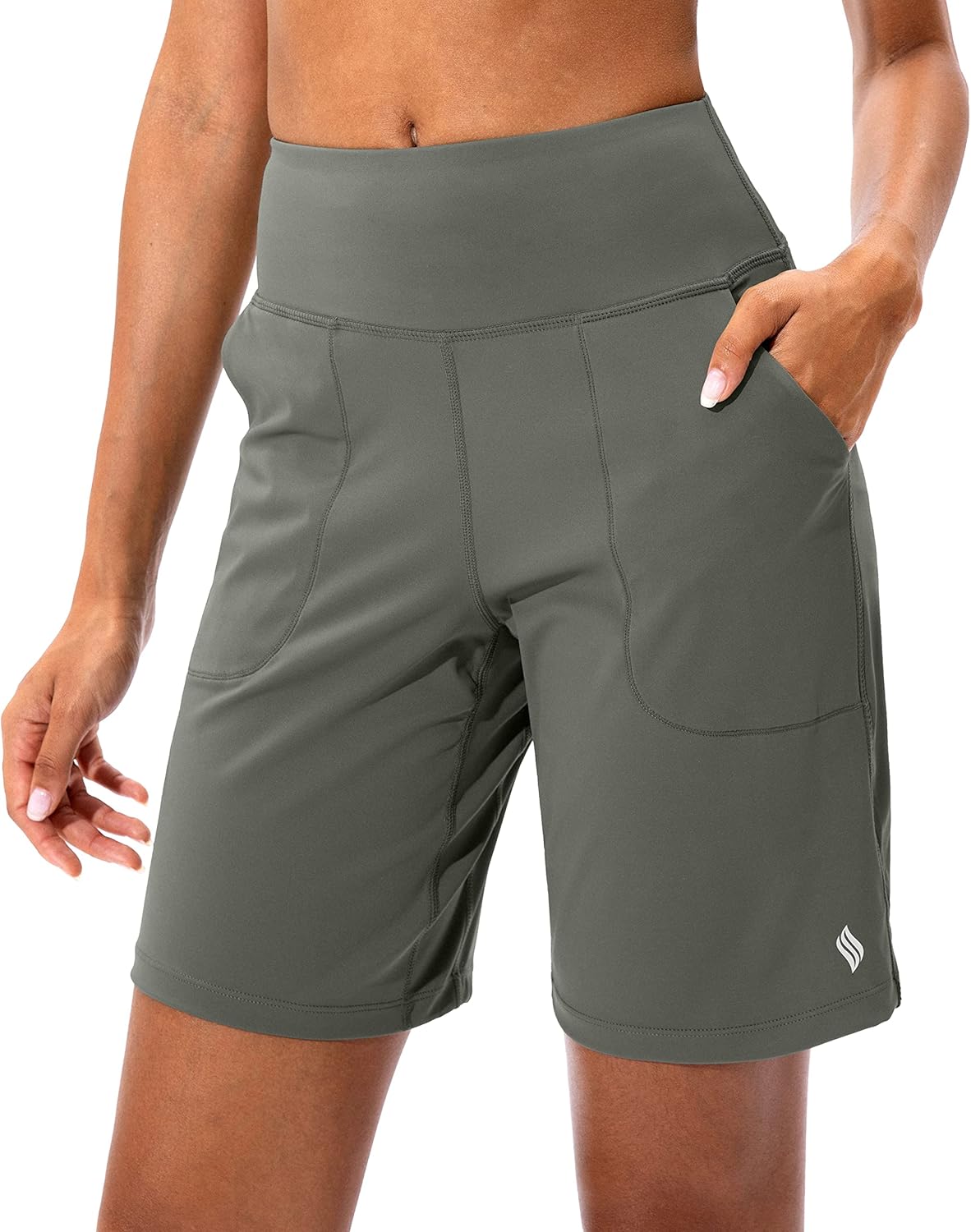 SANTINY High Waisted Bermuda Shorts with Zipper Pocket - Workout Essential