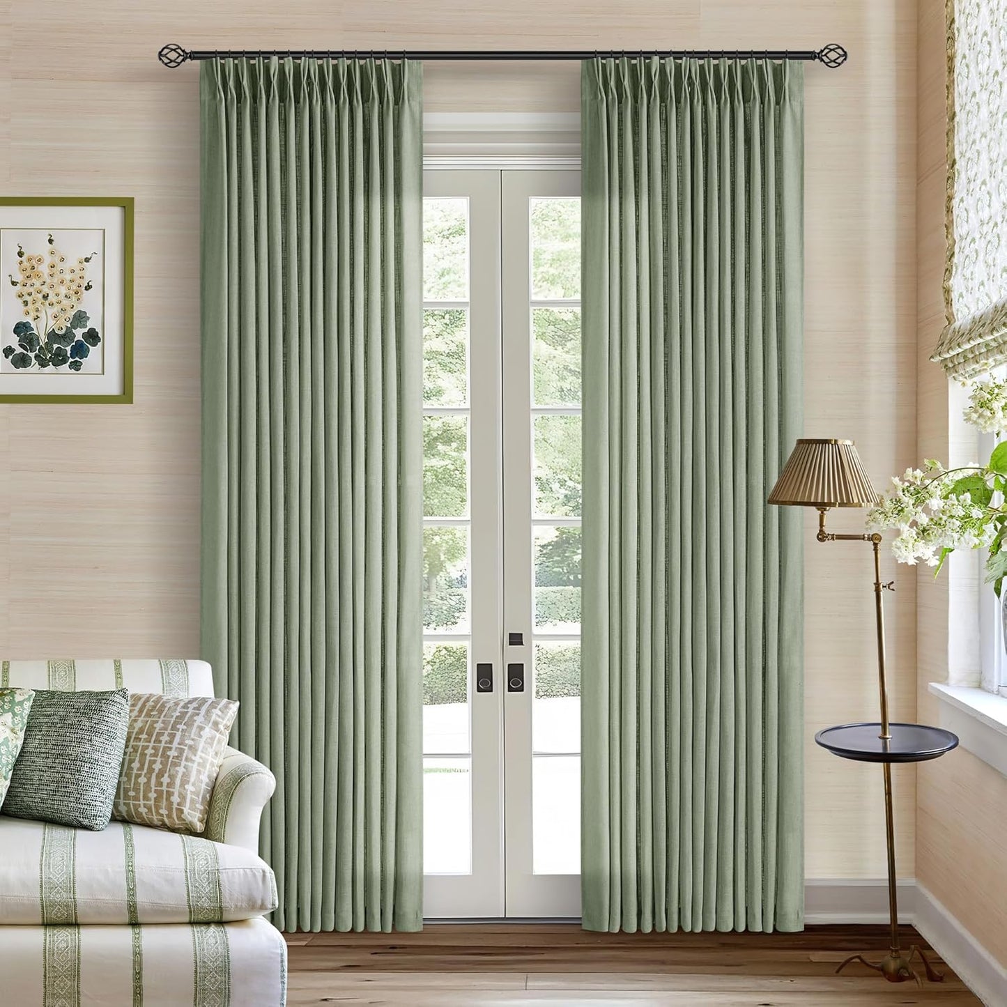 Sage Green Linen Curtains Pinch Pleated 84 Inches Long Set