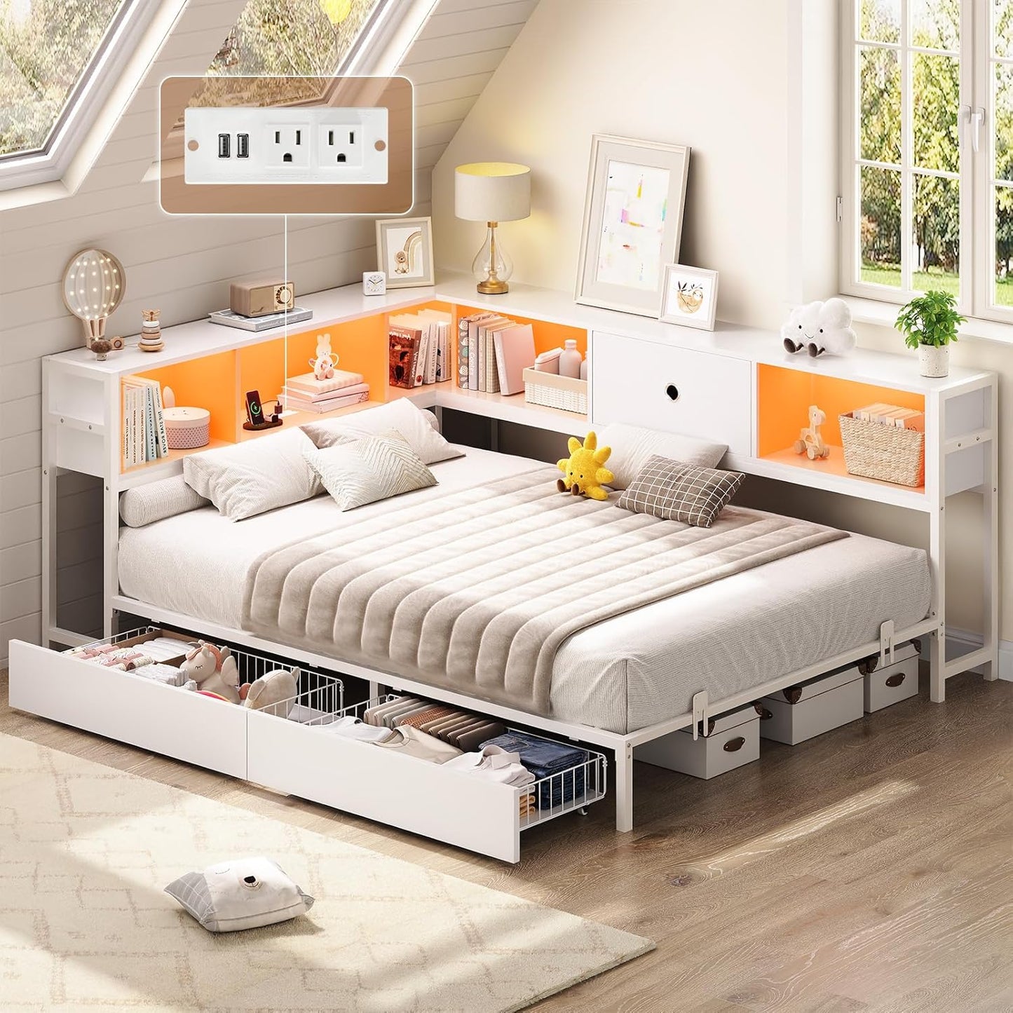 Cozy Full Corner Bed Frame with Storage and LED Lights
