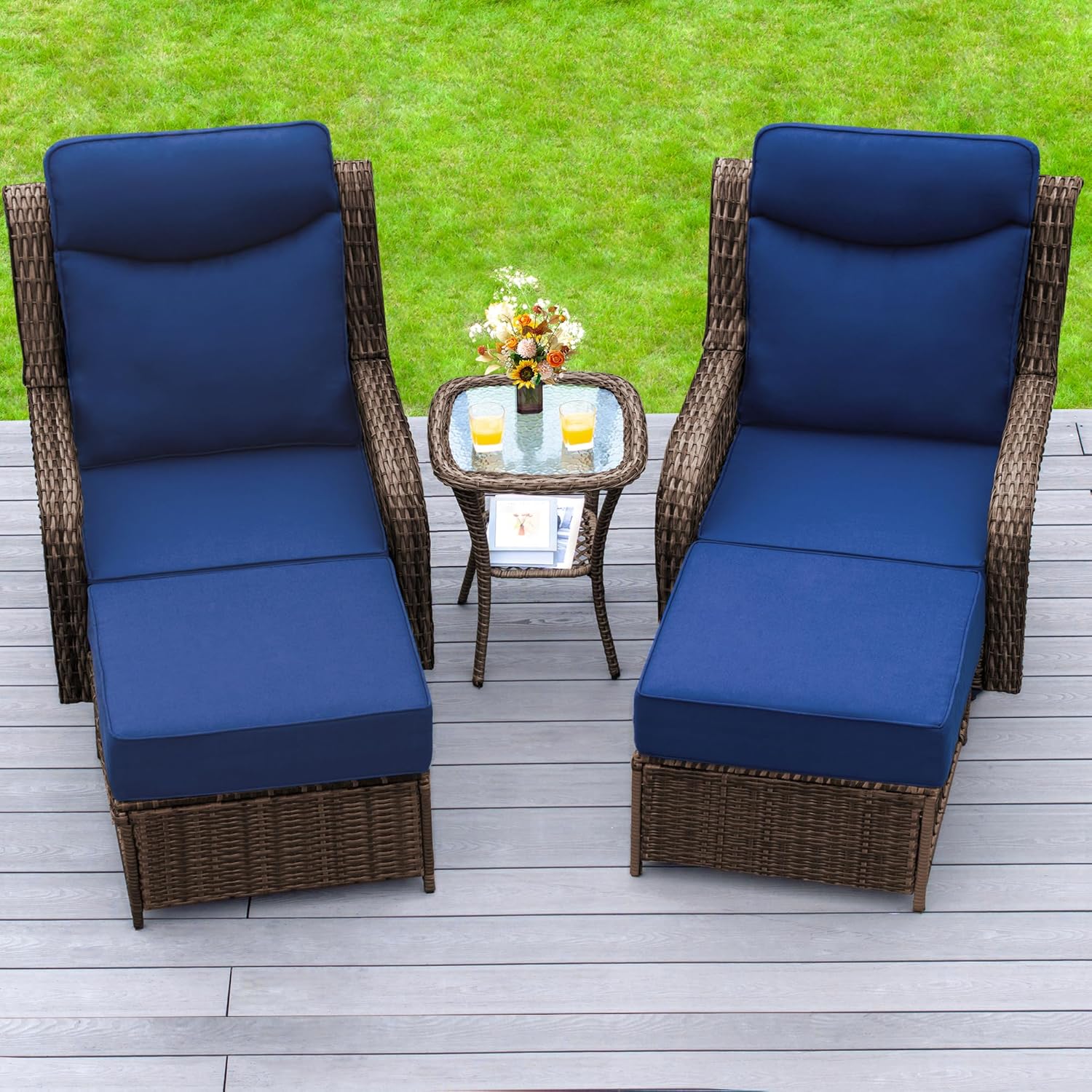 Outdoor Swivel Rocker Chairs Set with Thick Cushions and Ottomans