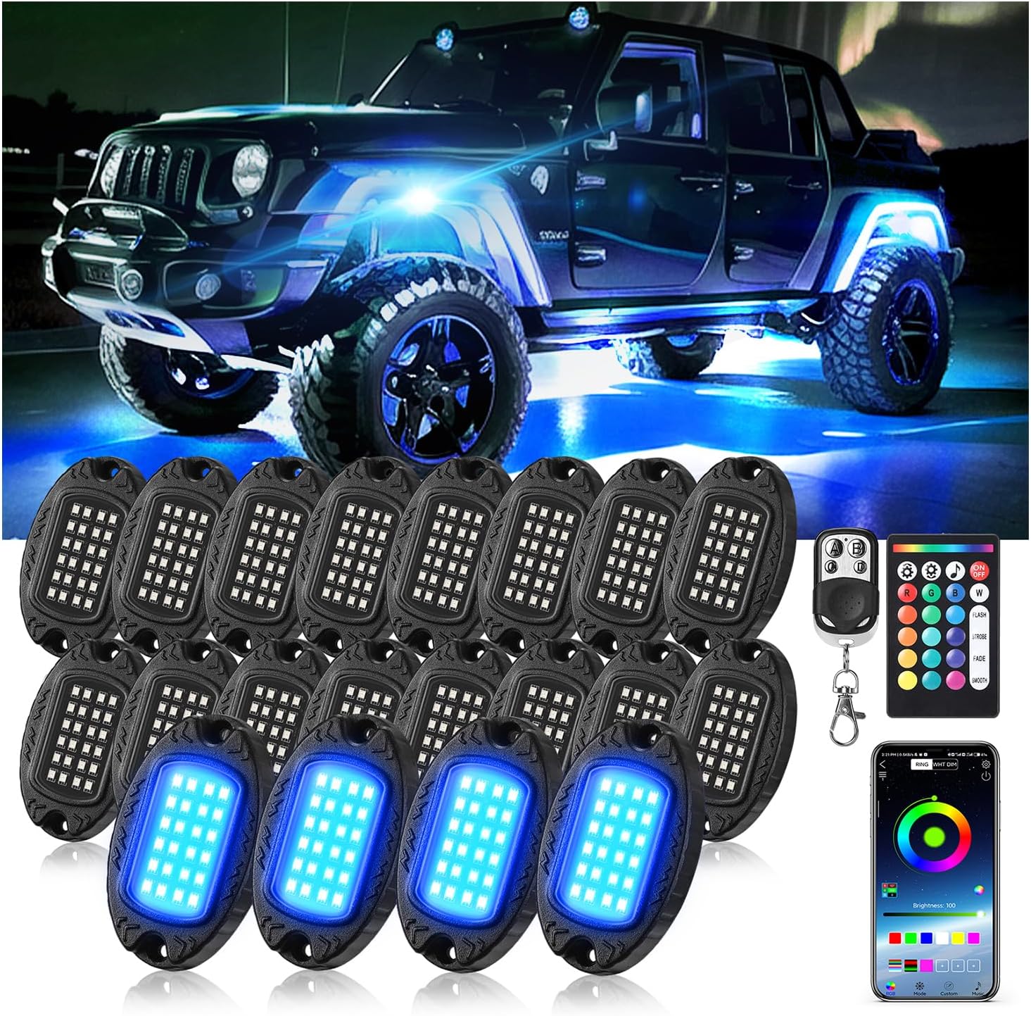 20Pods Metal RGB LED Rock Lights with Bluetooth Control for Trucks
