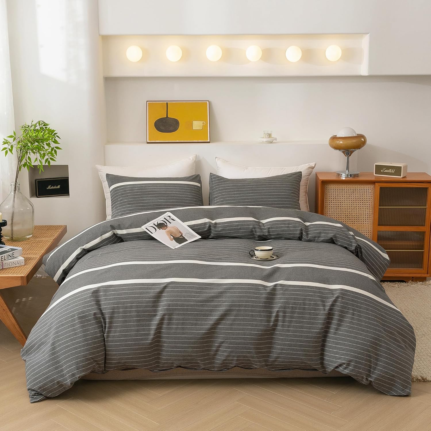 ECOCOTT Grey Striped Duvet Cover Set for King Size Bedding