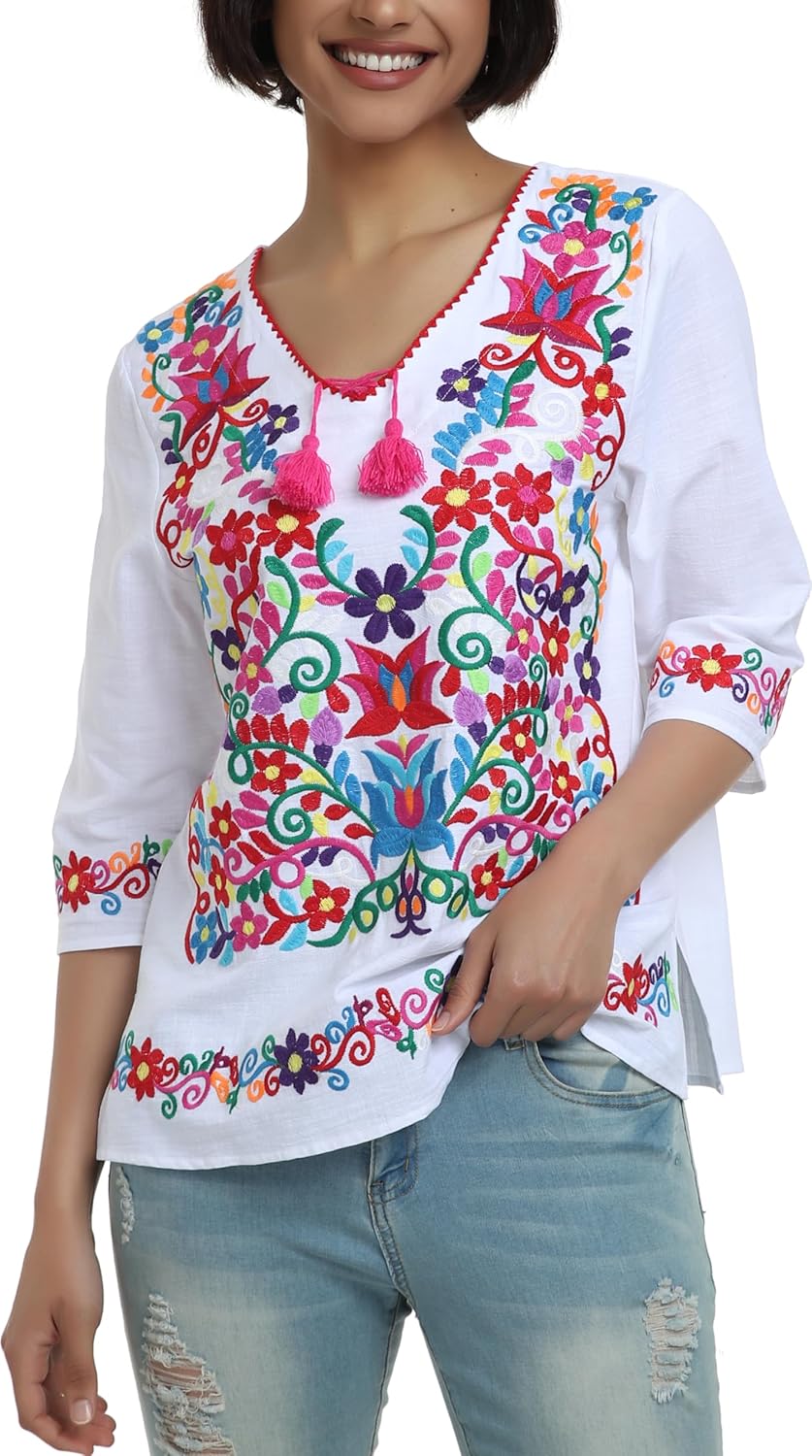 YZXDORWJ Women's Summer Embroidered Mexican Shirts for Casual Wear