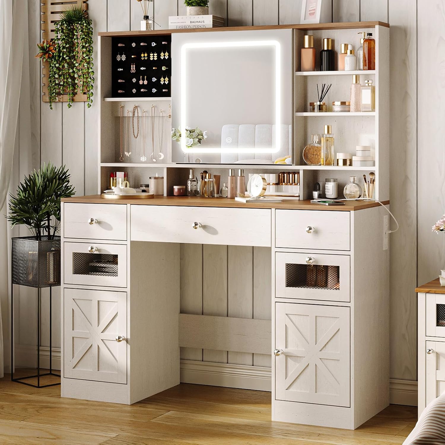 Rustic Vanity Desk with Lights & Storage - Halitaa