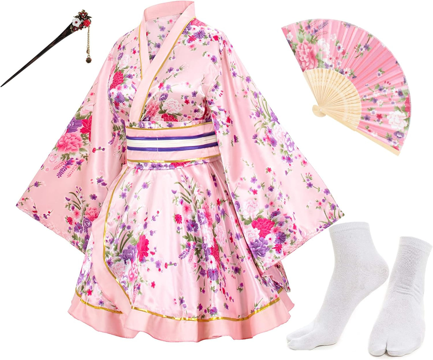 Japanese Anime Women's Dance Kimono Robe with Accessories Set