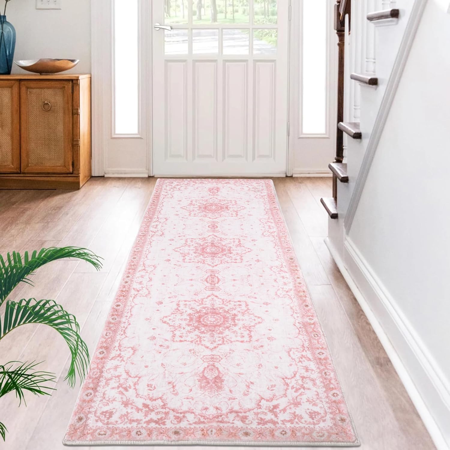 Floral Pink Area Rug - Soft Non Slip Kitchen Runner for Home