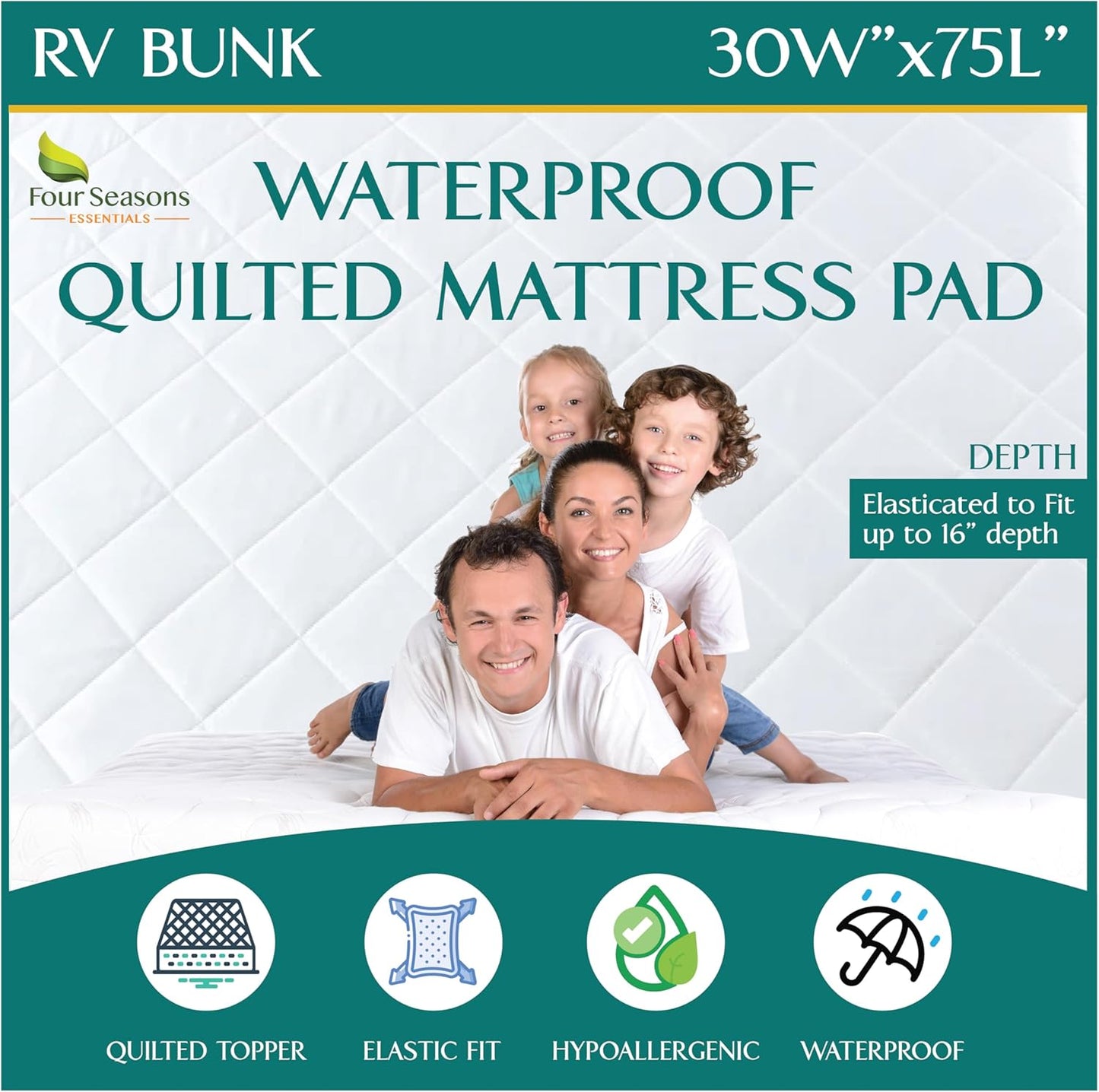 RV Bunk Size Waterproof Mattress Pad with Quilted Pillow Top