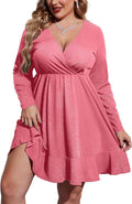 Plus Size Womens Glitter Dress V Neck Long Sleeve Ruffle Hem Clothing