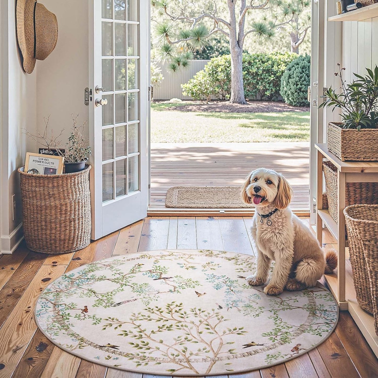 Round Rugs 4ft Ivory Botanical Birds Print for Modern Homes