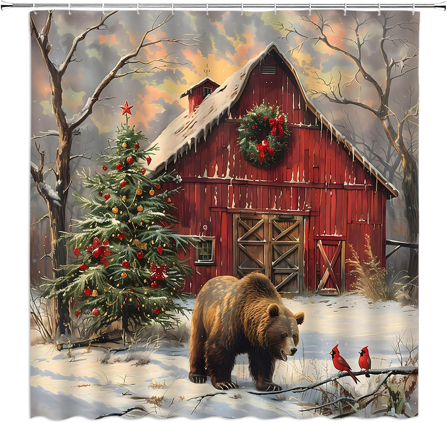 Rustic Holiday Bear Cabin Shower Curtain Set