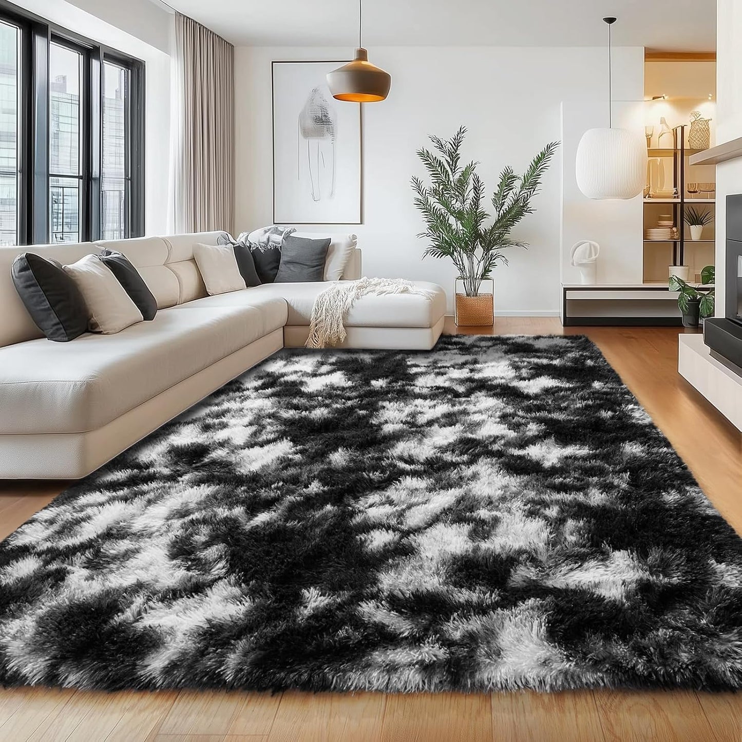 Black and White 6x9 Fluffy Plush Area Rug for Cozy Living Room