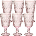 Vintage Pink Wine Glasses Set of 6 - Embossed 9 oz Goblets