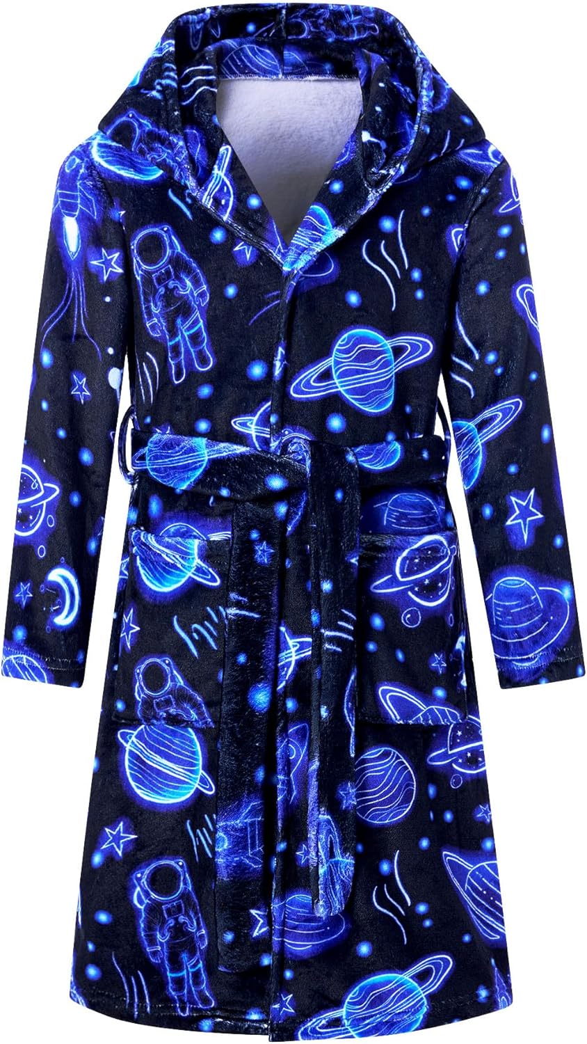 Funnycokid Boys Hooded Fleece Bathrobe for Ages 7-14 Years