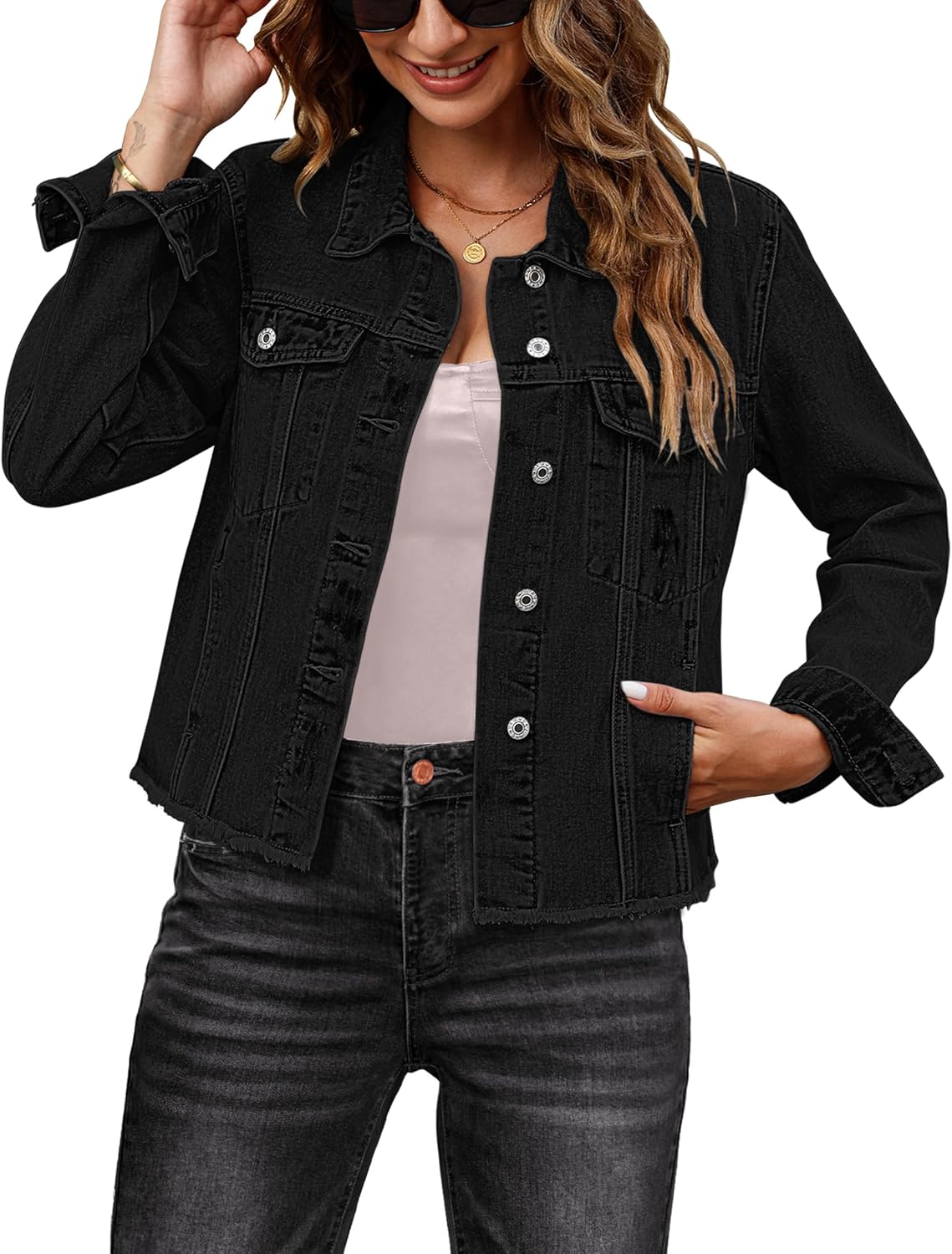 Luvamia Women's Distressed Denim Jacket - Vintage Trucker Style