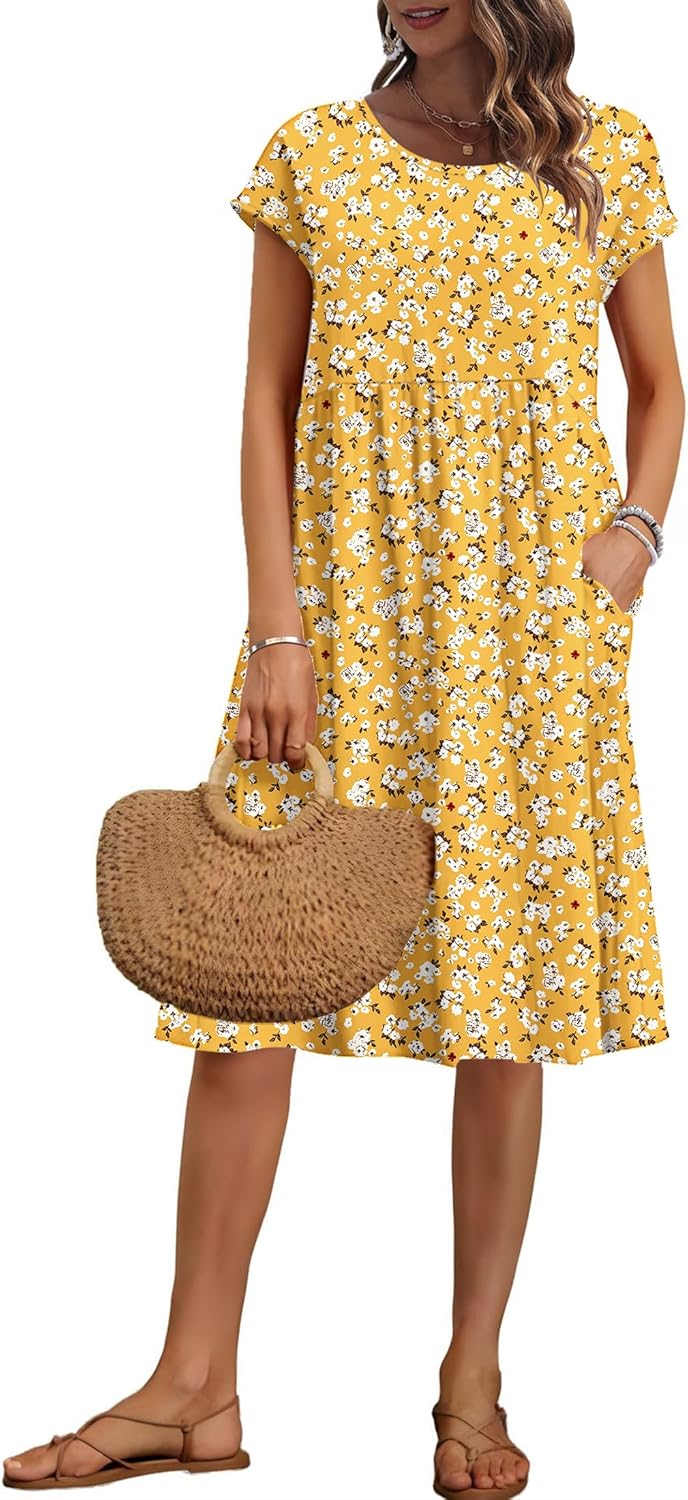 AUSELILY Women's Summer Short Sleeve Knee-Length Dress with Pockets