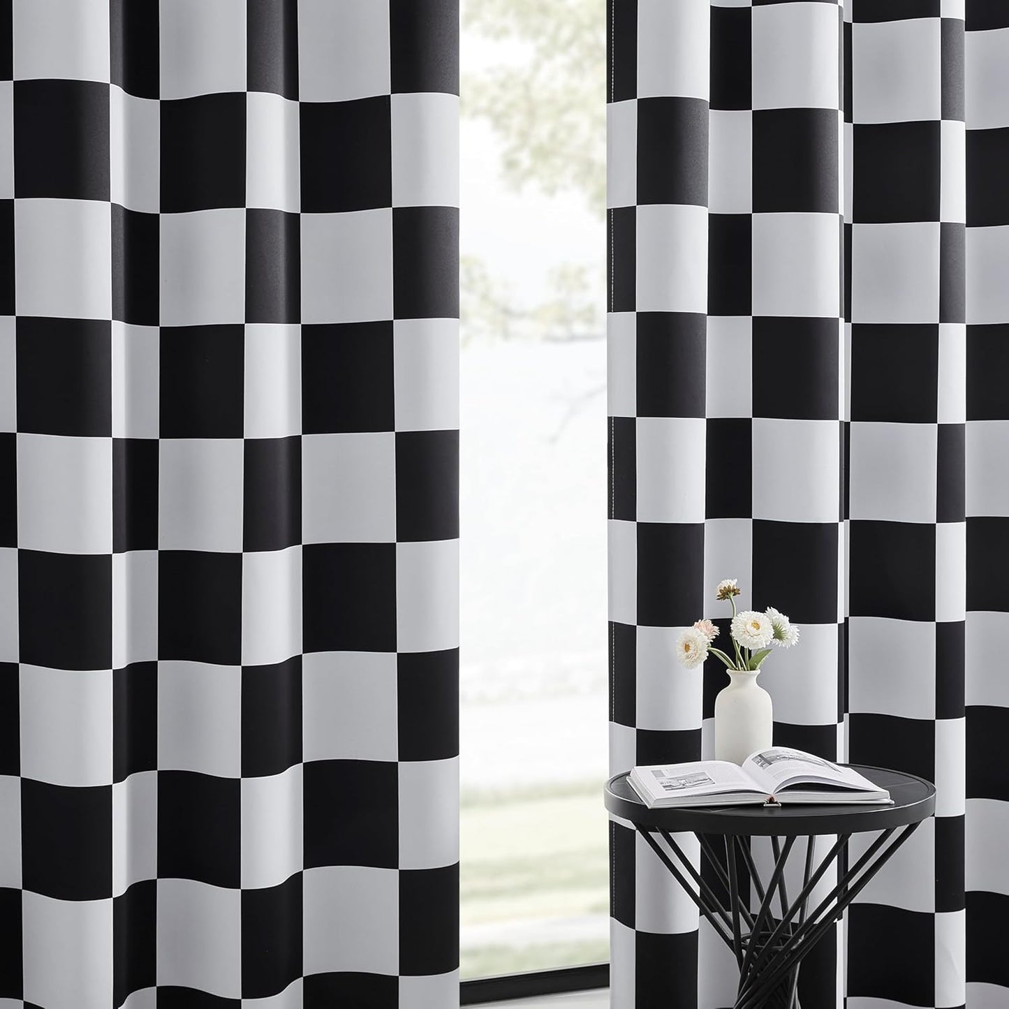 100% Blackout Curtains with Checkered Race Flag Pattern for Home