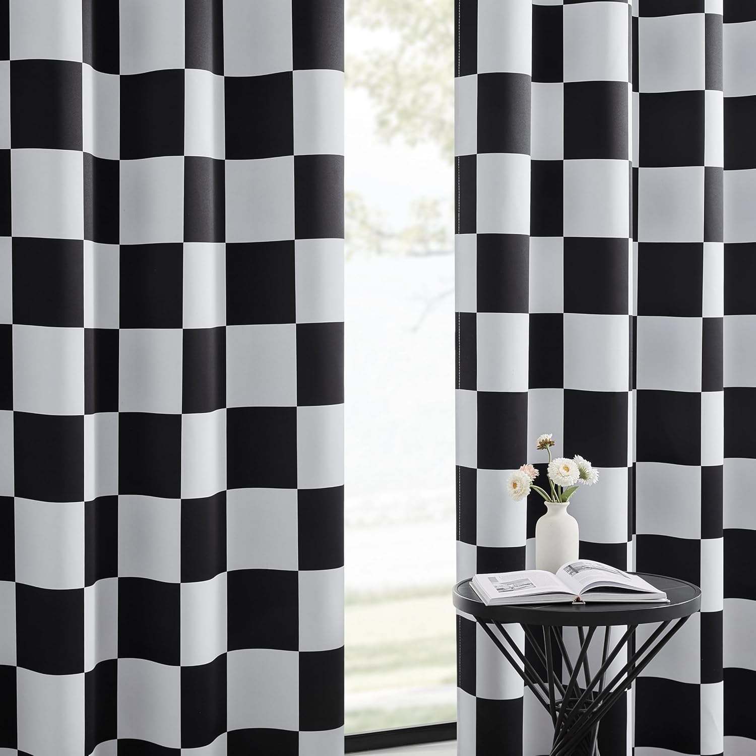 100% Blackout Curtains with Checkered Race Flag Pattern for Style