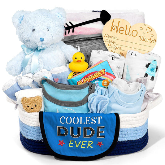 Unique Baby Gift Set for Newborn Boys with Essentials Basket