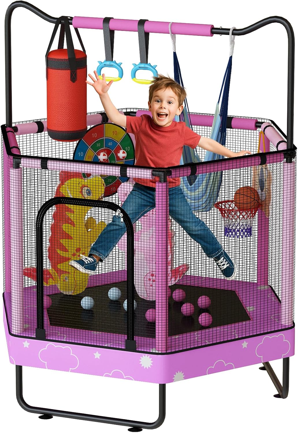 LAMERGE 55in 7-in-1 Round Trampoline for Kids Ages 1-8