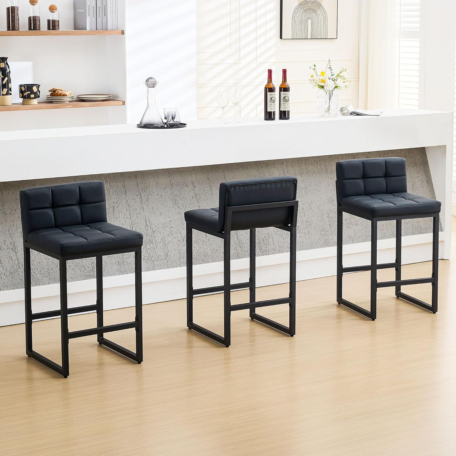 Bar Stools Set of 3, Upholstered Faux Leather Counter Height