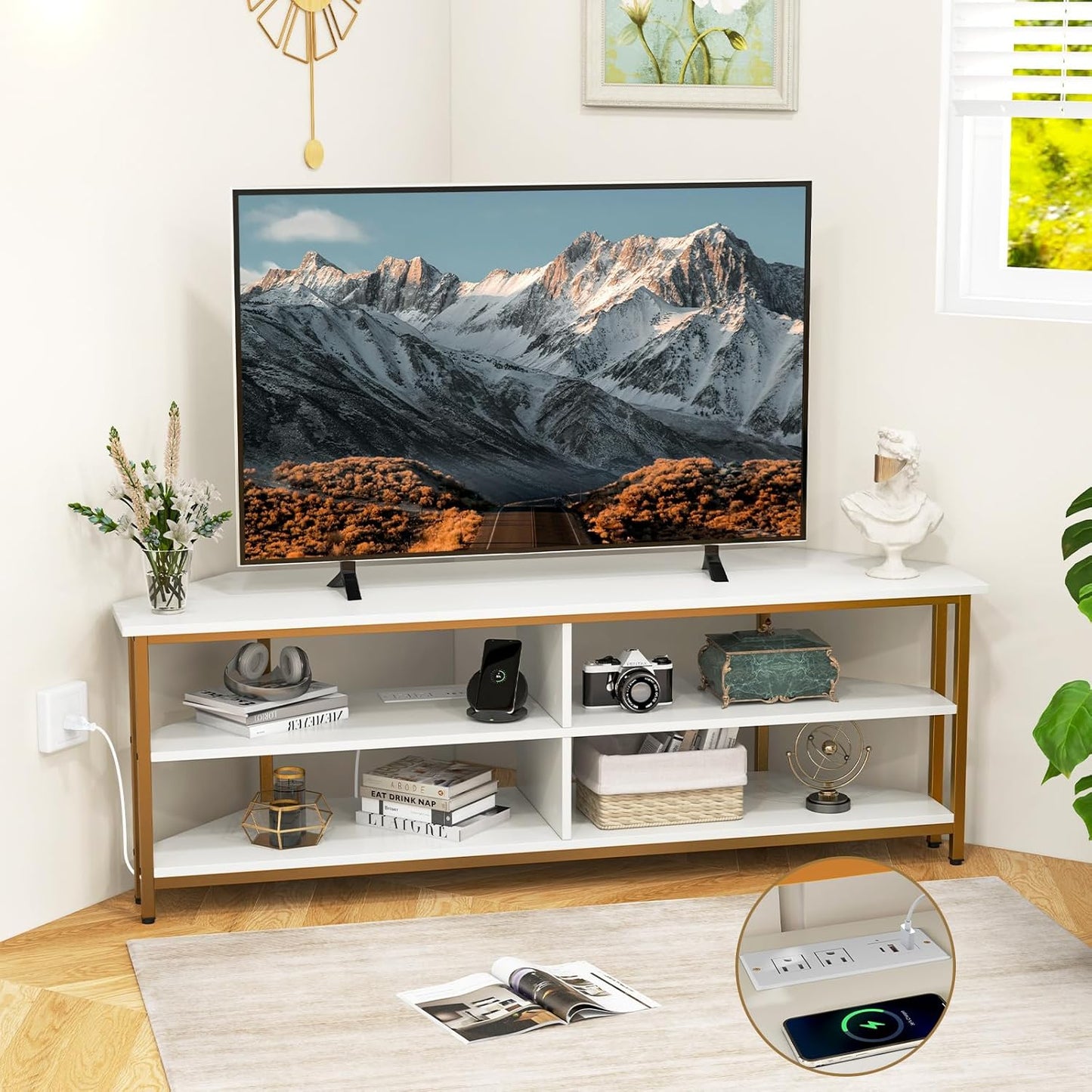 Corner TV Stand w/ Built-in Outlets & USB Ports
