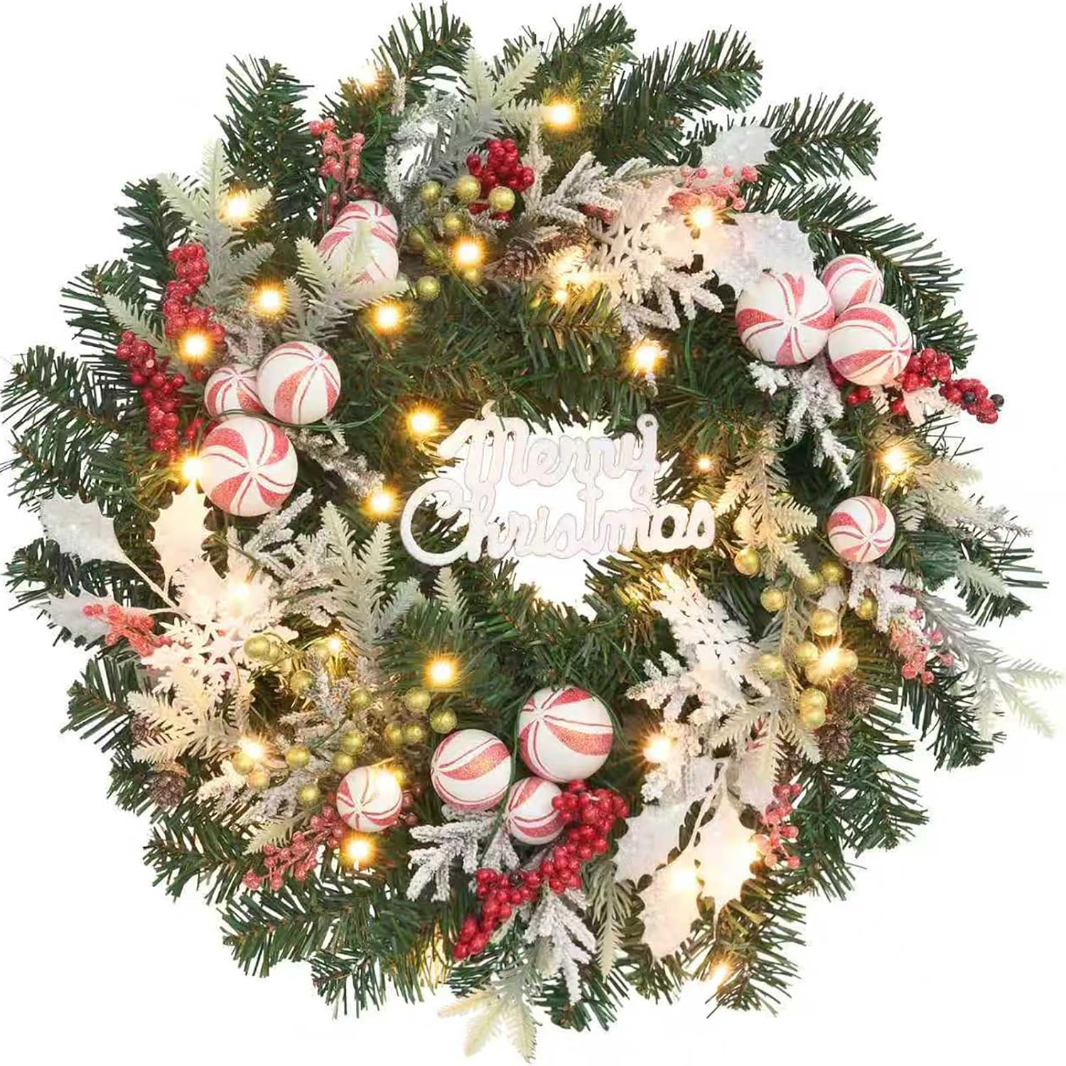 Red White Christmas Candy Wreath with Lights for Holiday Decor