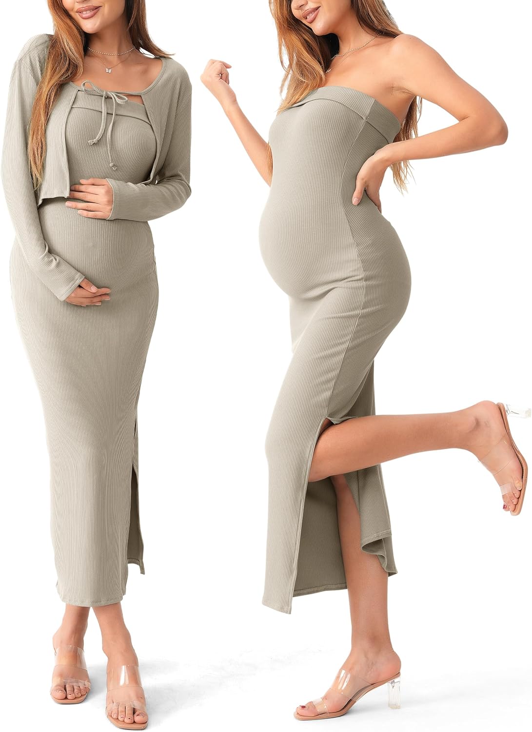 Stylish Maternity Tube Dress Set with Cardigan for Moms-to-Be