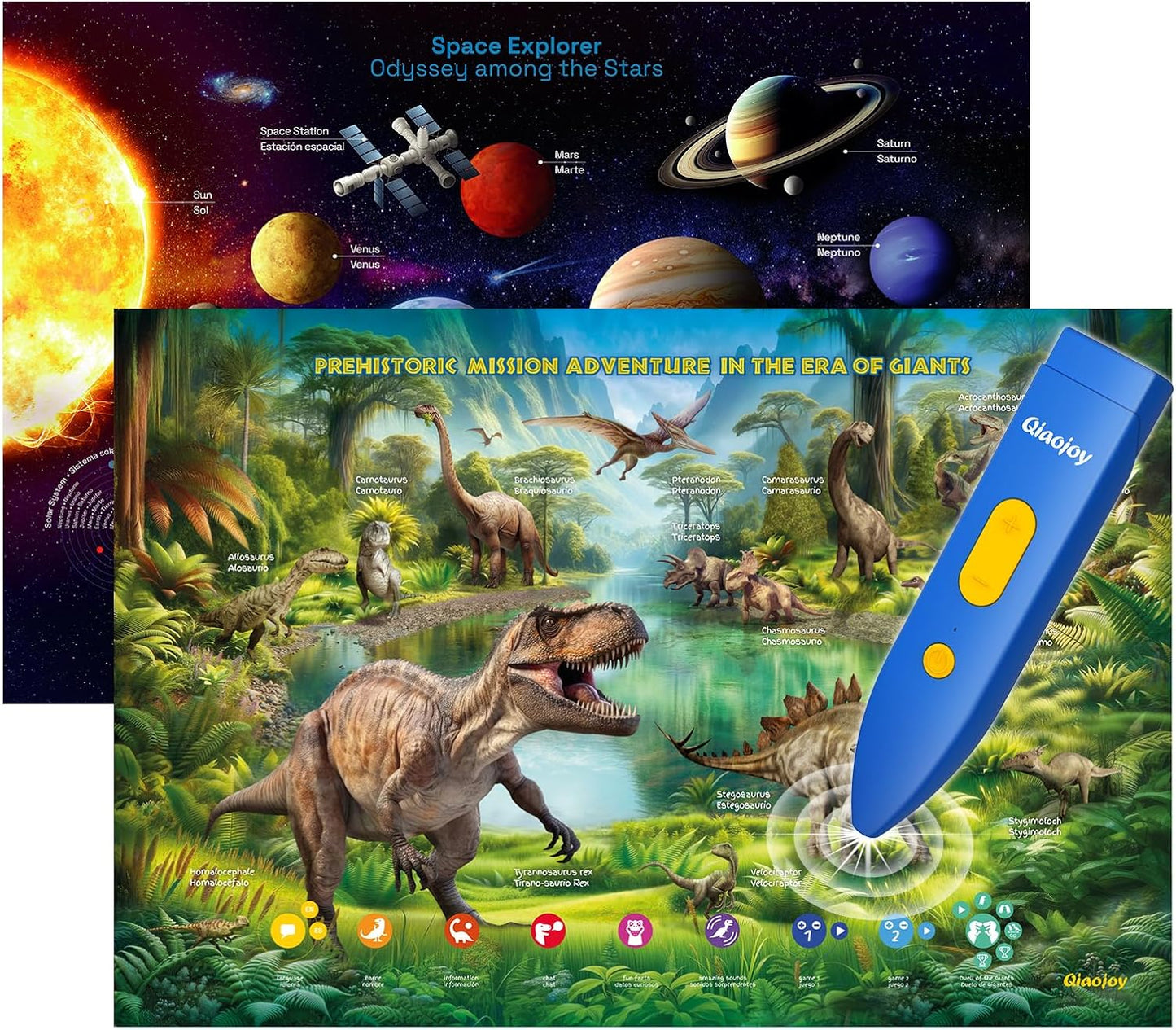 Bilingual Interactive Dinosaur Space Poster for Kids Learning