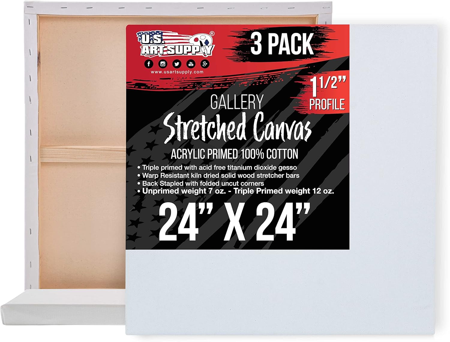 Large Stretched Canvas for Painting - 24x24 inch 3-Pack