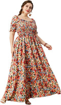 Plus Size Boho Floral Maxi Dress - Flattering Shirred Square Neck no