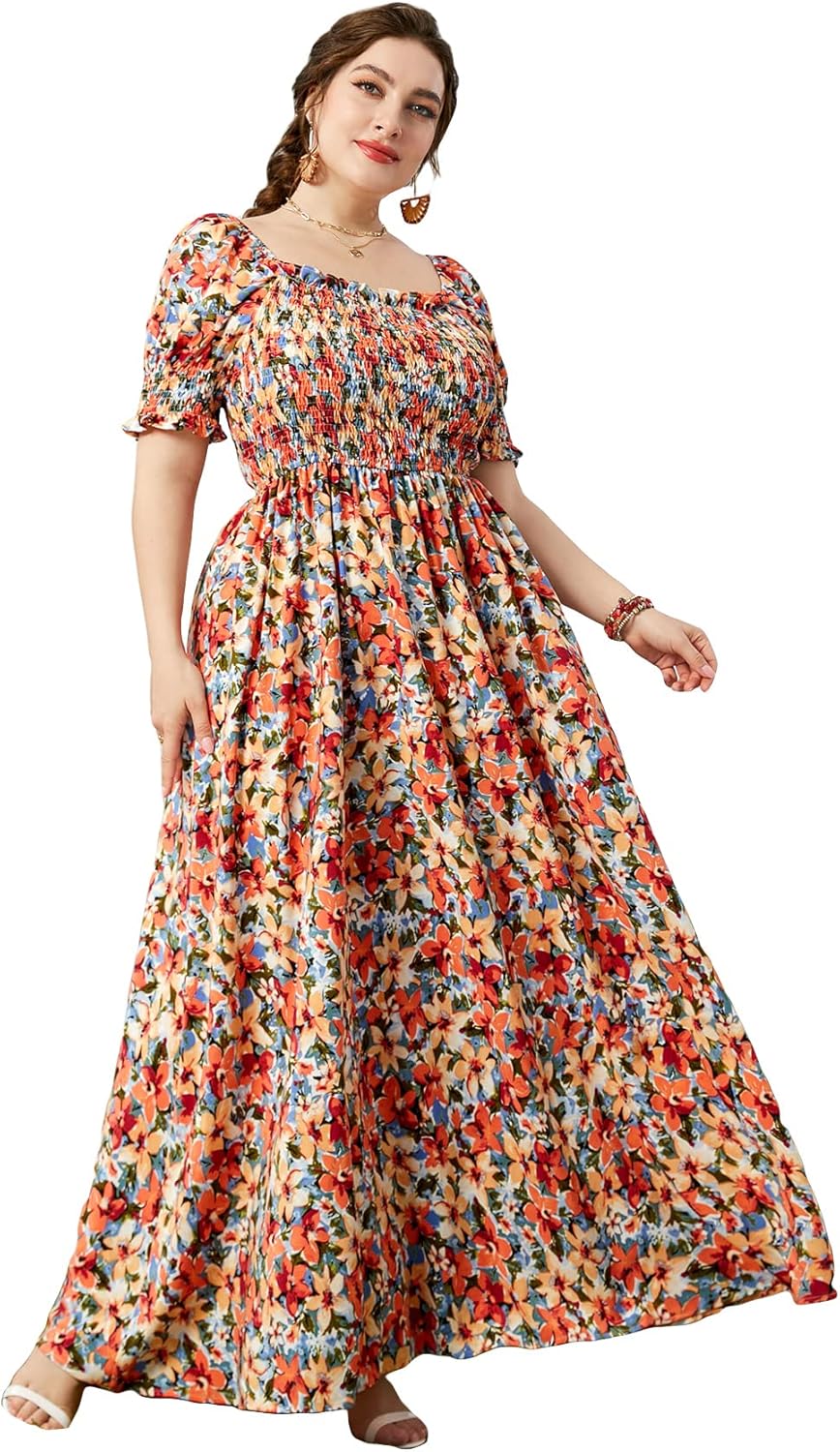 MakeMeChic Women's Plus Size Boho Floral Maxi Dress for Summer