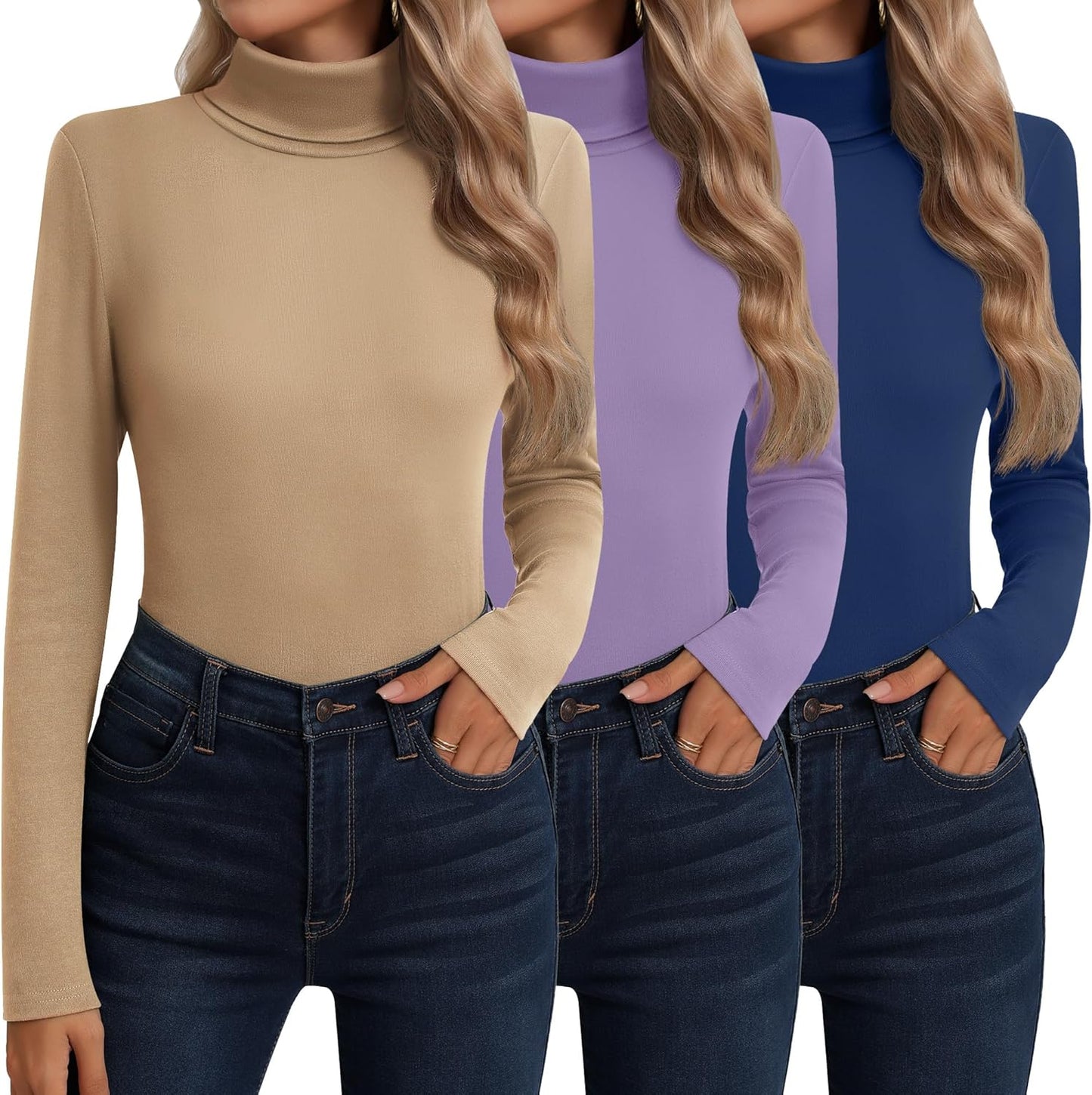 Neer 3 Pack Cotton Women's Turtleneck Long Sleeve Tops