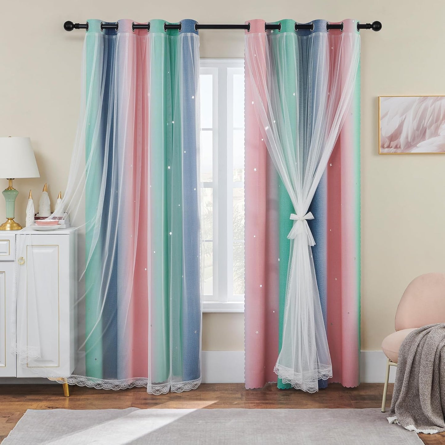 XiDi Pink Grey Green Girls Curtains for Bedroom Rainbow Blackout
