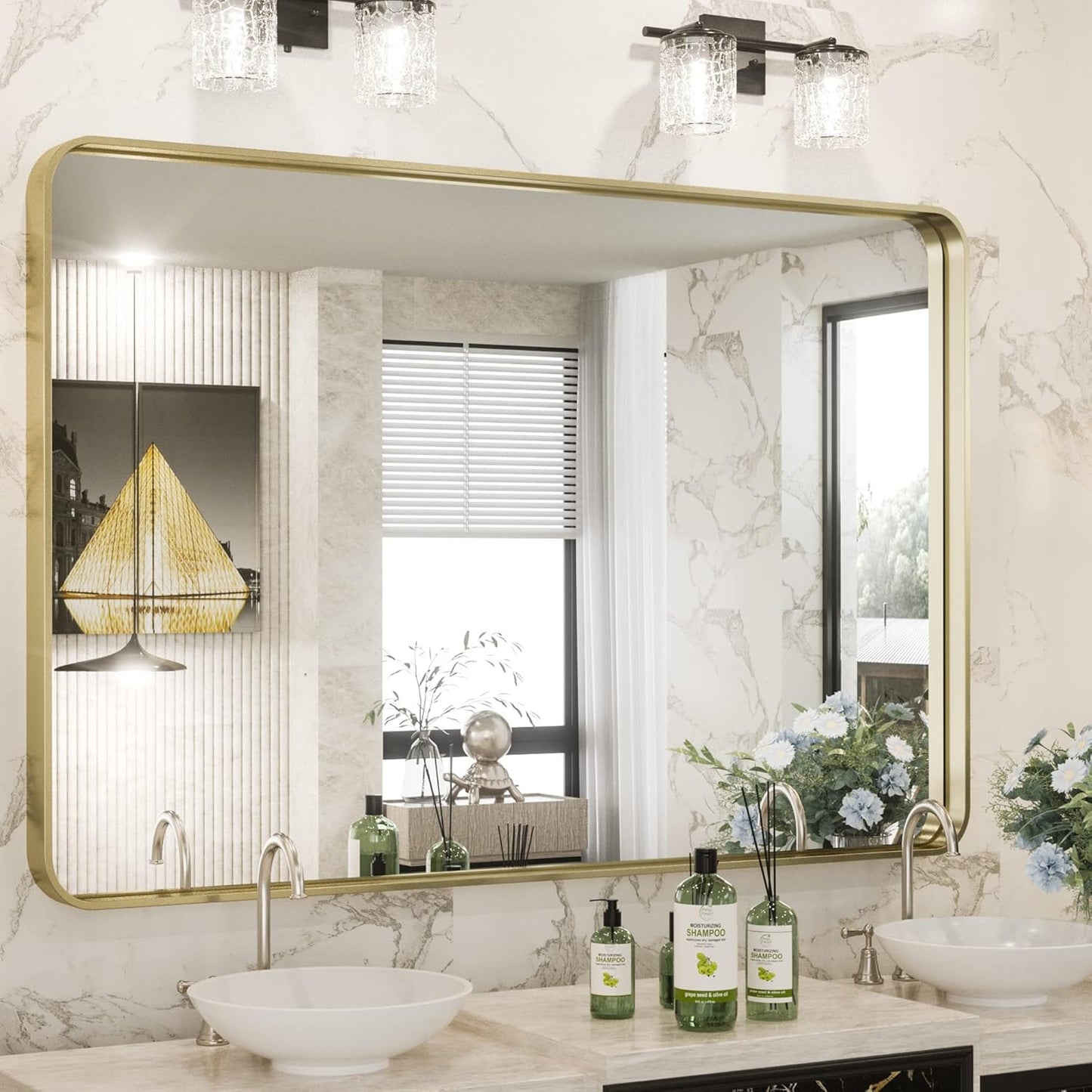 TokeShimi Gold Bathroom Mirror 40 x 30 Inch Rounded Corner Design