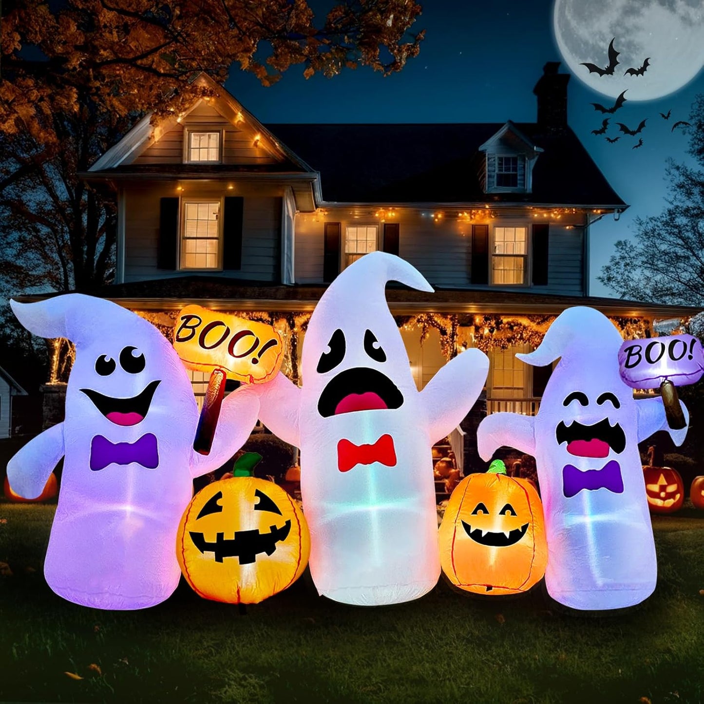 8FT Long Halloween Inflatable Ghosts with Pumpkins for Yard