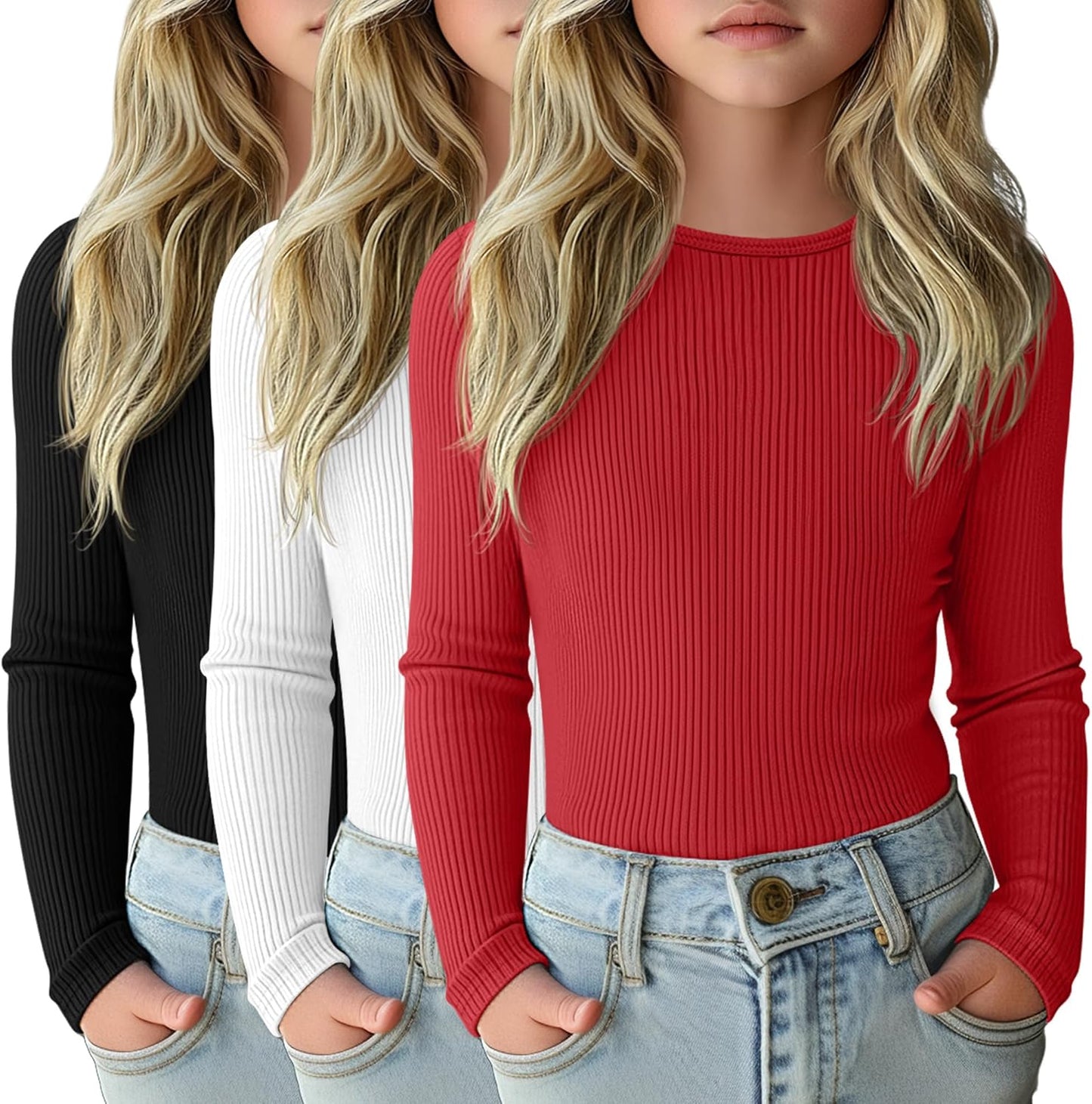 3 Pack Girls Long Sleeve Shirts for Casual Layering and Comfort