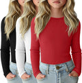 Girls Long Sleeve Ribbed Cotton Shirts 3 Pack - Slim Fit Layering at