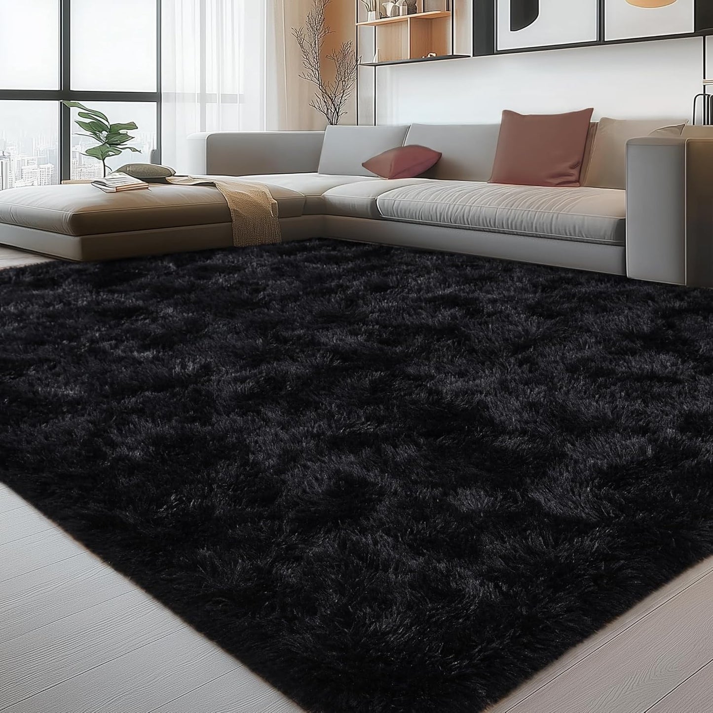 Fluffy Black Plush 8x10 Rug for Living Room and Bedroom Decor
