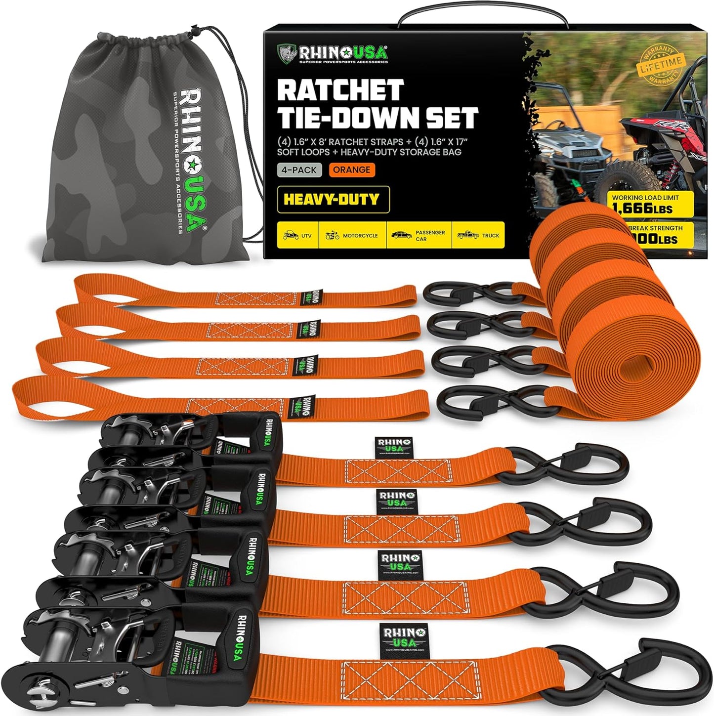 Rhino USA Ratchet Straps Heavy Duty Kit for Secure Transport