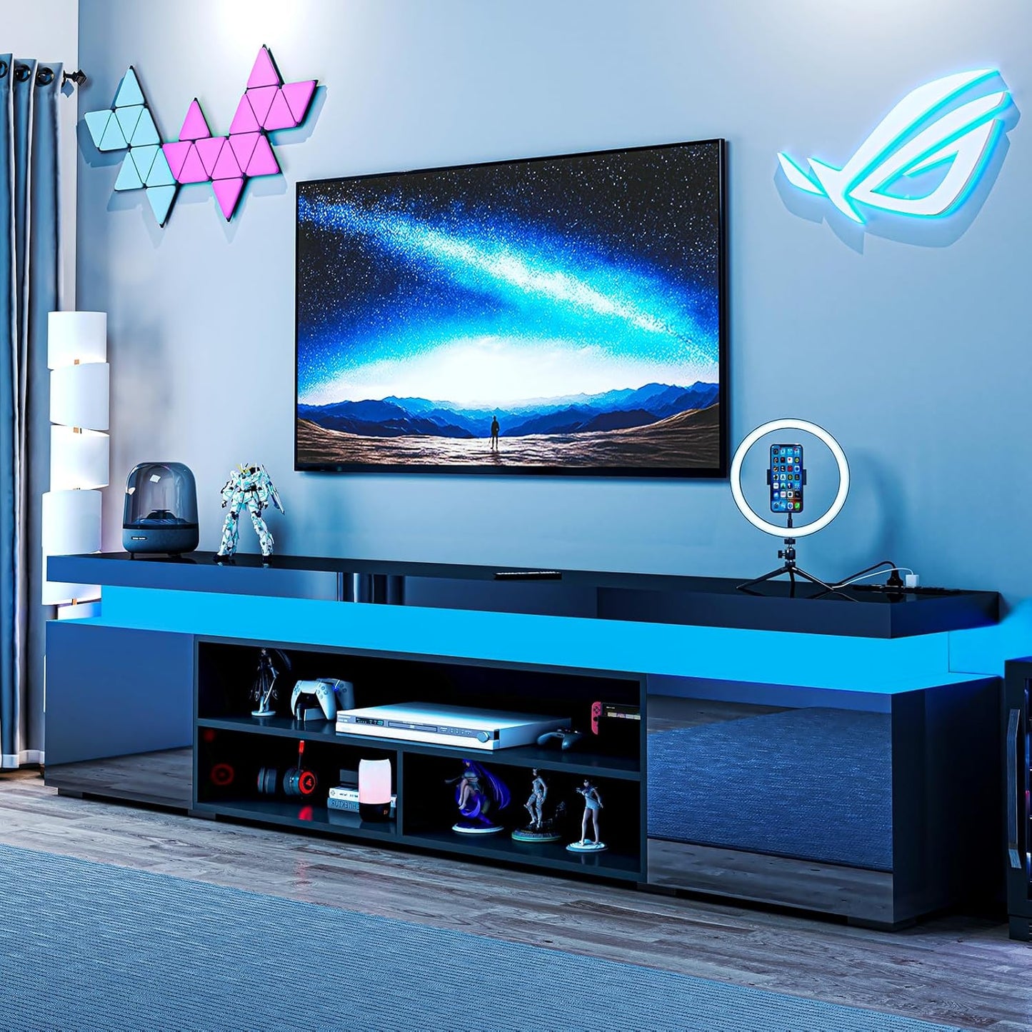 Modern TV Stand with LED Lights & Power Outlet, High Gloss Finish, Fits 80 TVs, Storage, Black